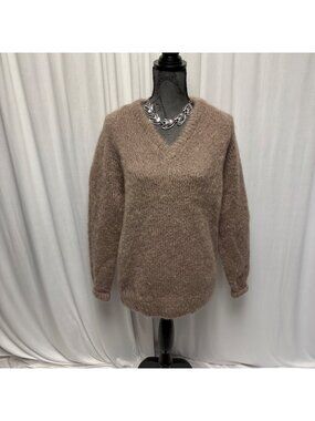 Antartex Mohair Wool Sweater Womens Medium V Neck Brown Fuzzy Hand Knit Scotland